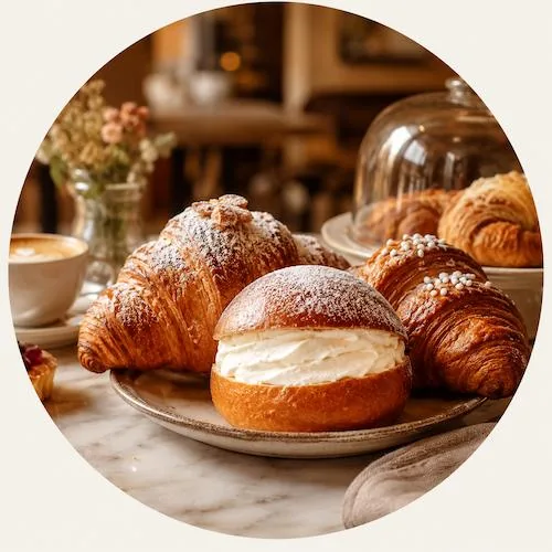Pasticceria da colazione con cornetti e maritozzi